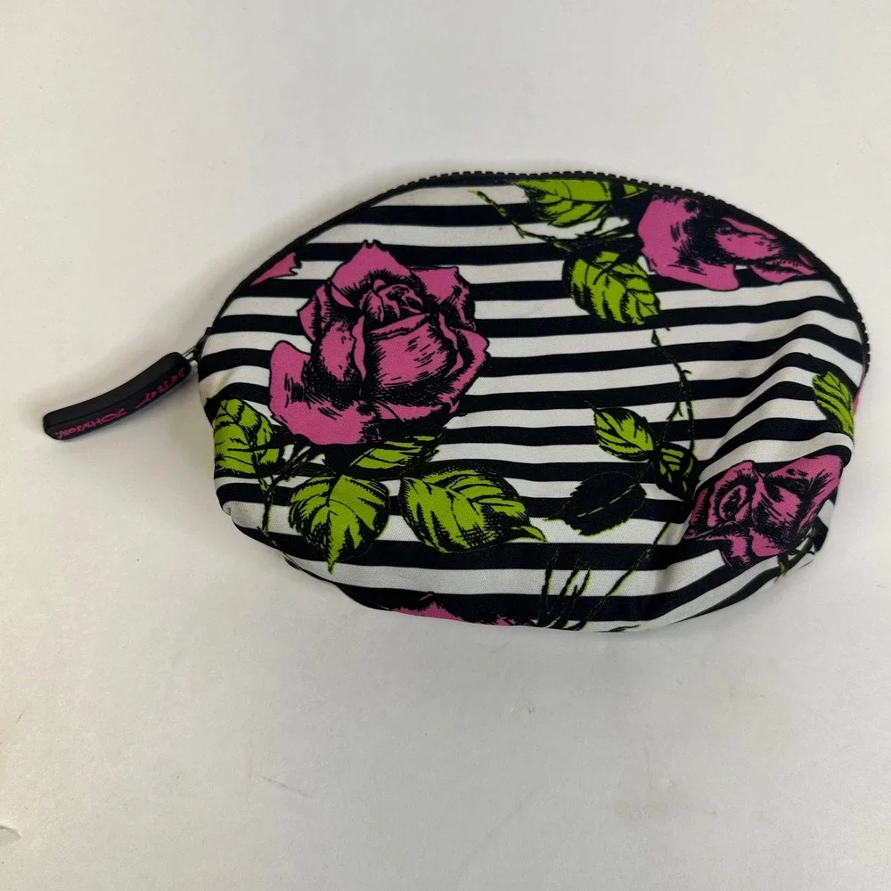 Betsey Johnson Floral Stripe Cosmetic Bag Pink Rose Black White Zipper Pouch